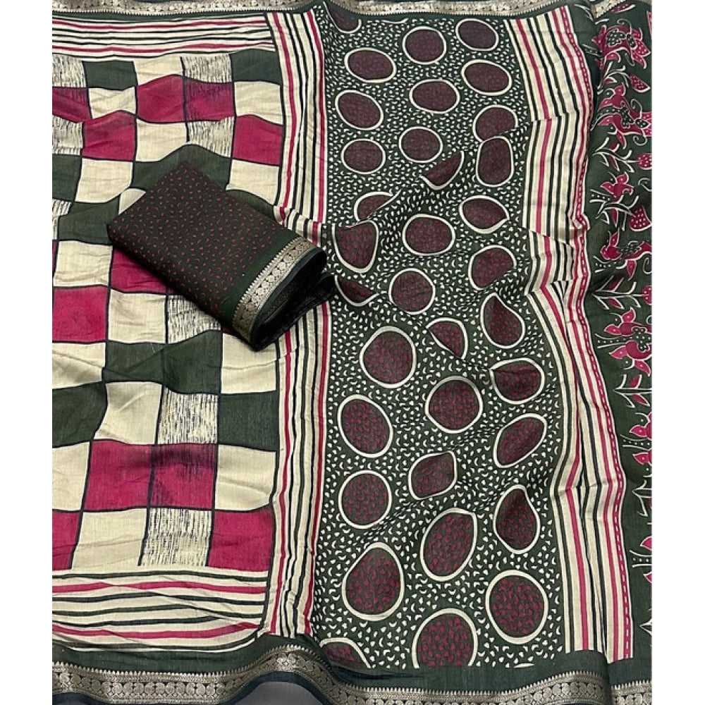 Facinating Women's Dupion Silk Block Printed Saree With Blouse Piece