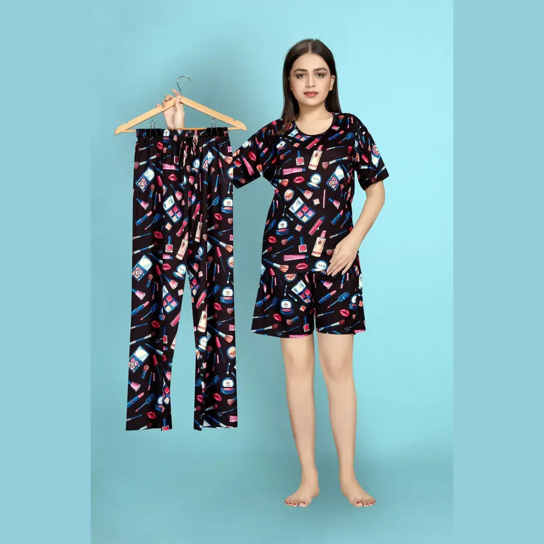Amazing Printed Nightwear with Top Shorts And Pyjama