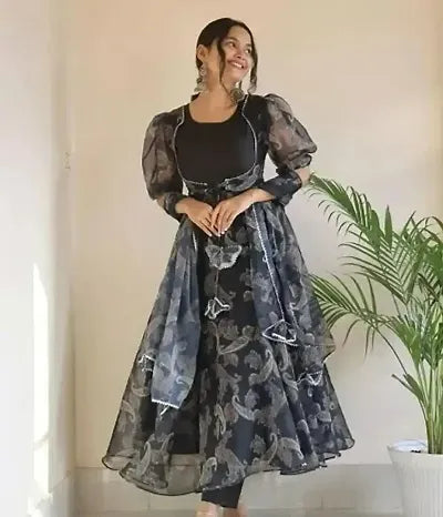 Twinkling Organza Gown With Dupatta
