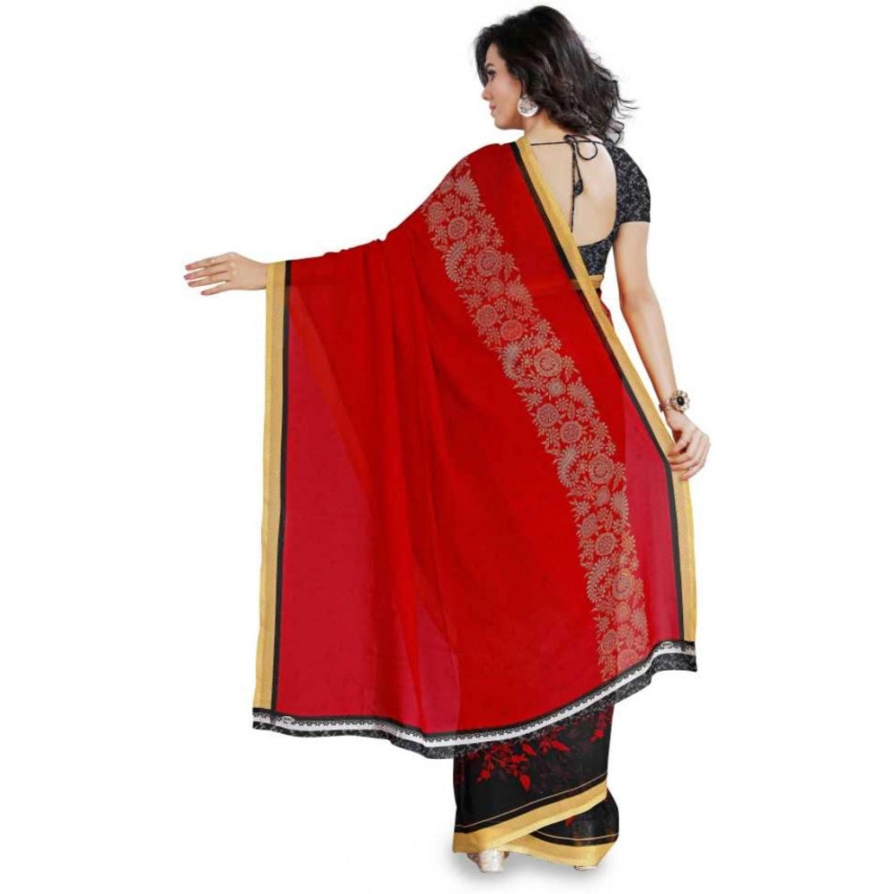 Printed Faux Georgette Red Color Saree