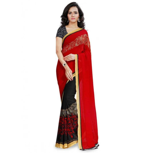 Printed Faux Georgette Red Color Saree