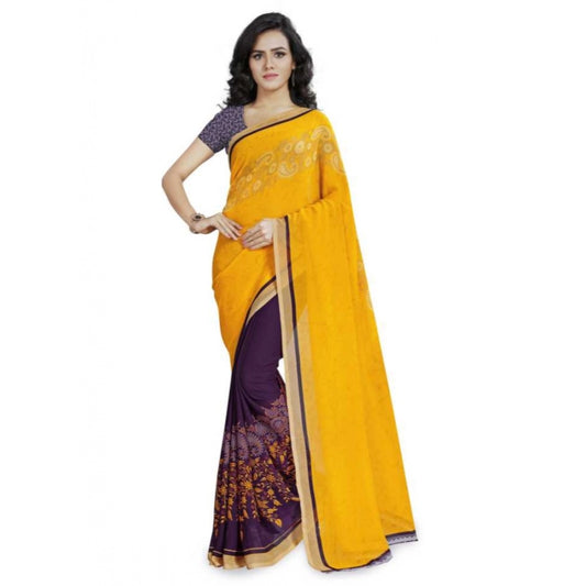 Printed Faux Georgette Yellow Color Saree