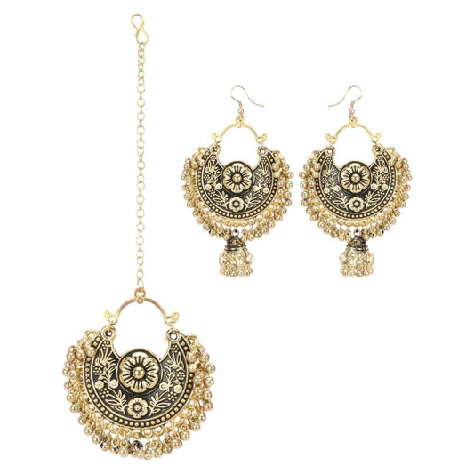 Stylish Gold Oxidized Earrings and Maang Tikka