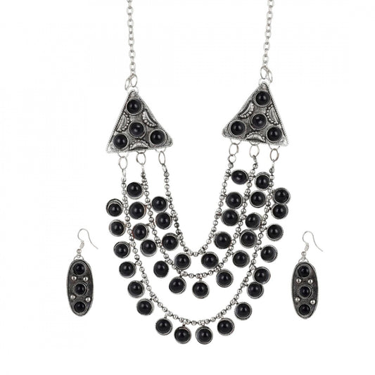 High Finished Silver and Black Natural Onyx Stone Designer Necklace with Earrings