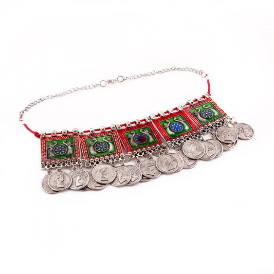 Oxidised Silver Plated Meena Work Choker Necklace