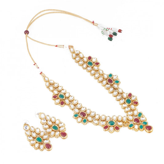 Gold Plated Green and Maroon Kundan Necklace with Earrings