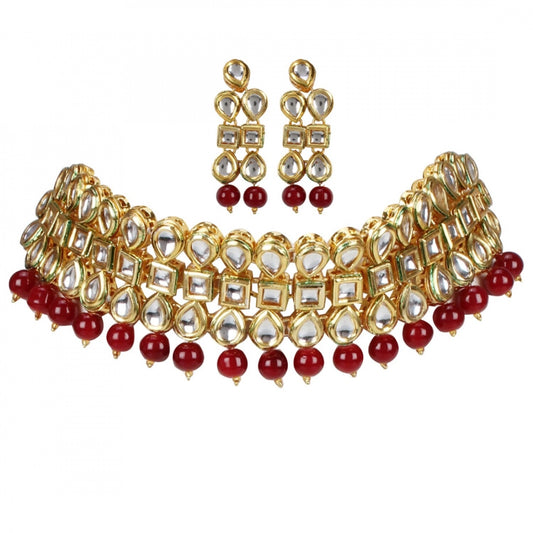 Elegant Gold Plated Bollywood Inspired Maroon Traditional Kundan Necklace Set