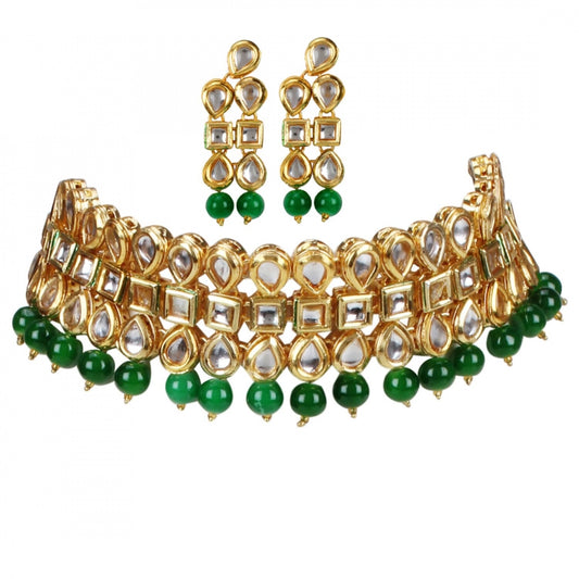 Elegant Gold Plated Bollywood Inspired Green Traditional Kundan Necklace Set
