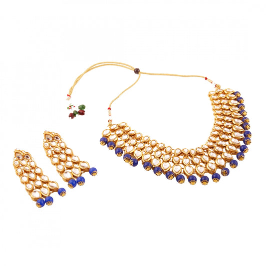 Elegant Finish Gold Plated Blue Kundan Necklace Set