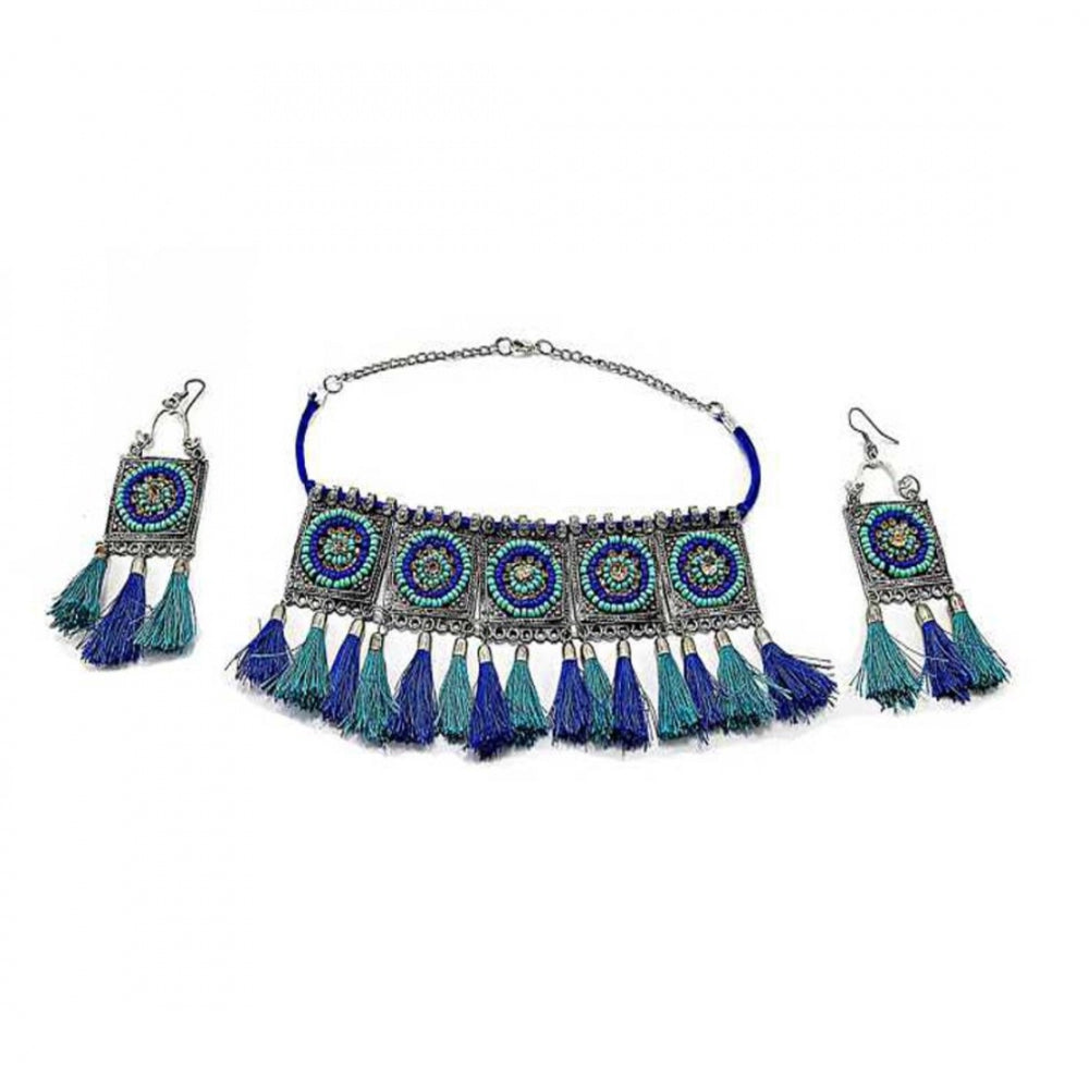 Afghani Boho Handcrafted Tassels Oxidized Silver Necklace Set