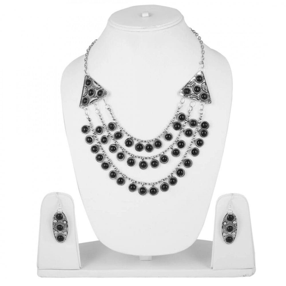High Finished Silver and Black Natural Onyx Stone Designer Necklace with Earrings