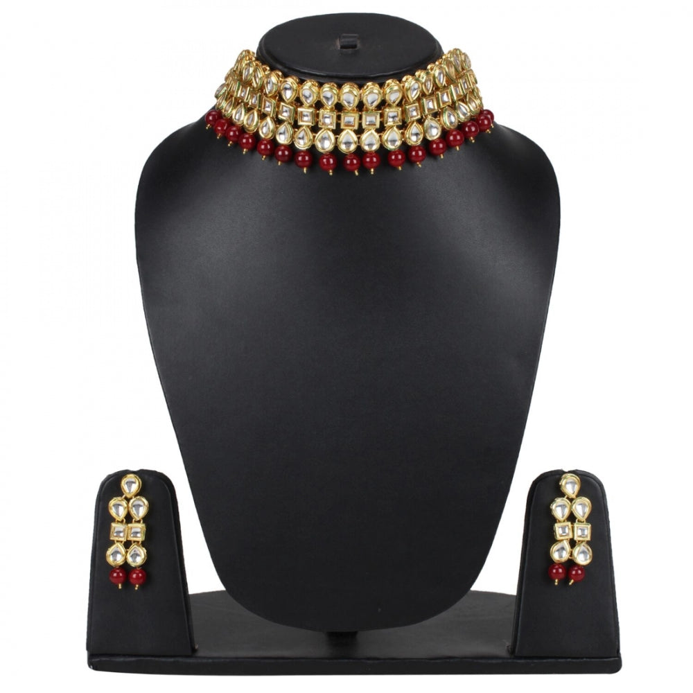 Elegant Gold Plated Bollywood Inspired Maroon Traditional Kundan Necklace Set