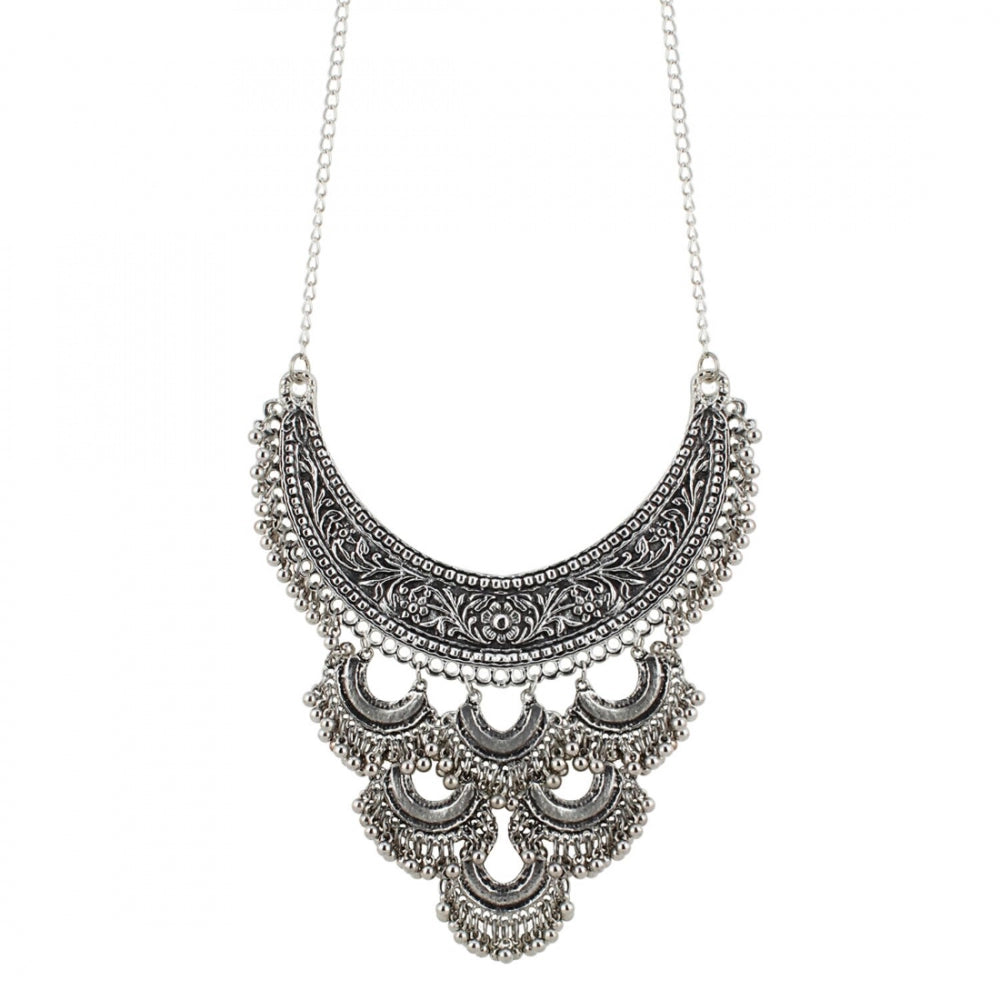 Antique Silver Half Moon Designed Tassel Necklace Set