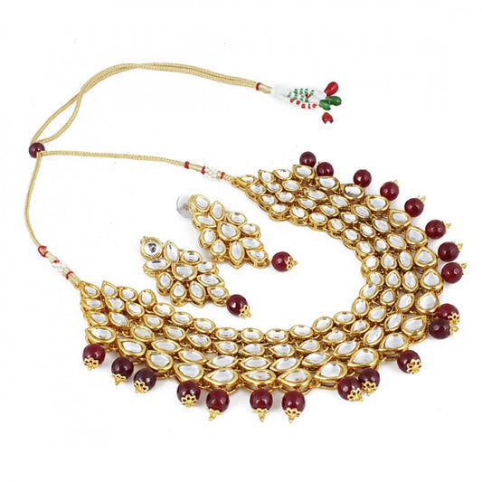 Maroon Gold Plated Onyx Stone Kundan Necklace Set with Earrings