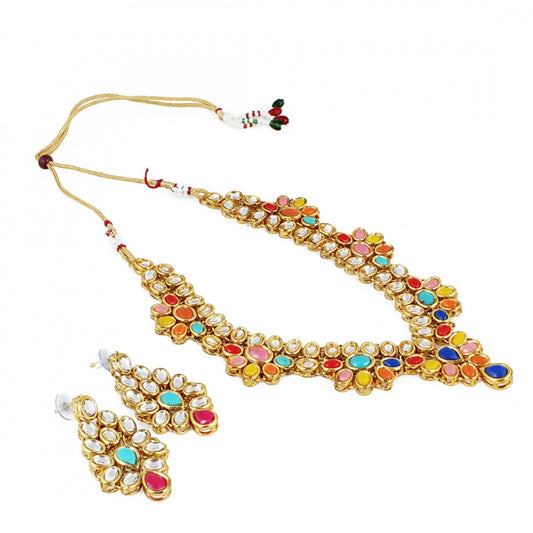 Multi Colour Gold Plated Kundan Necklace Set with Earrings