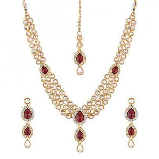 Traditional Layered Gold Plated Maroon Kundan Necklace with Earrings
