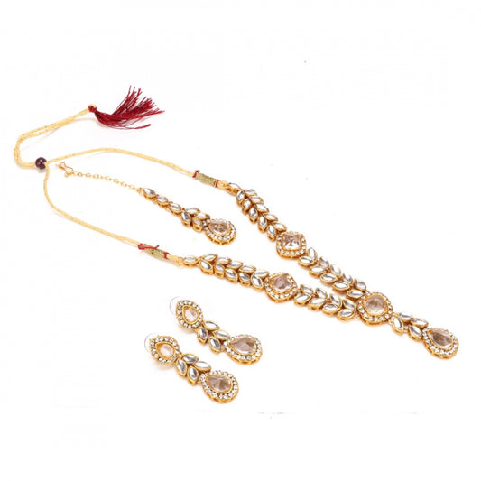 Gold Plated Traditional Kundan Necklace Set with Earrings and Maang Tikka