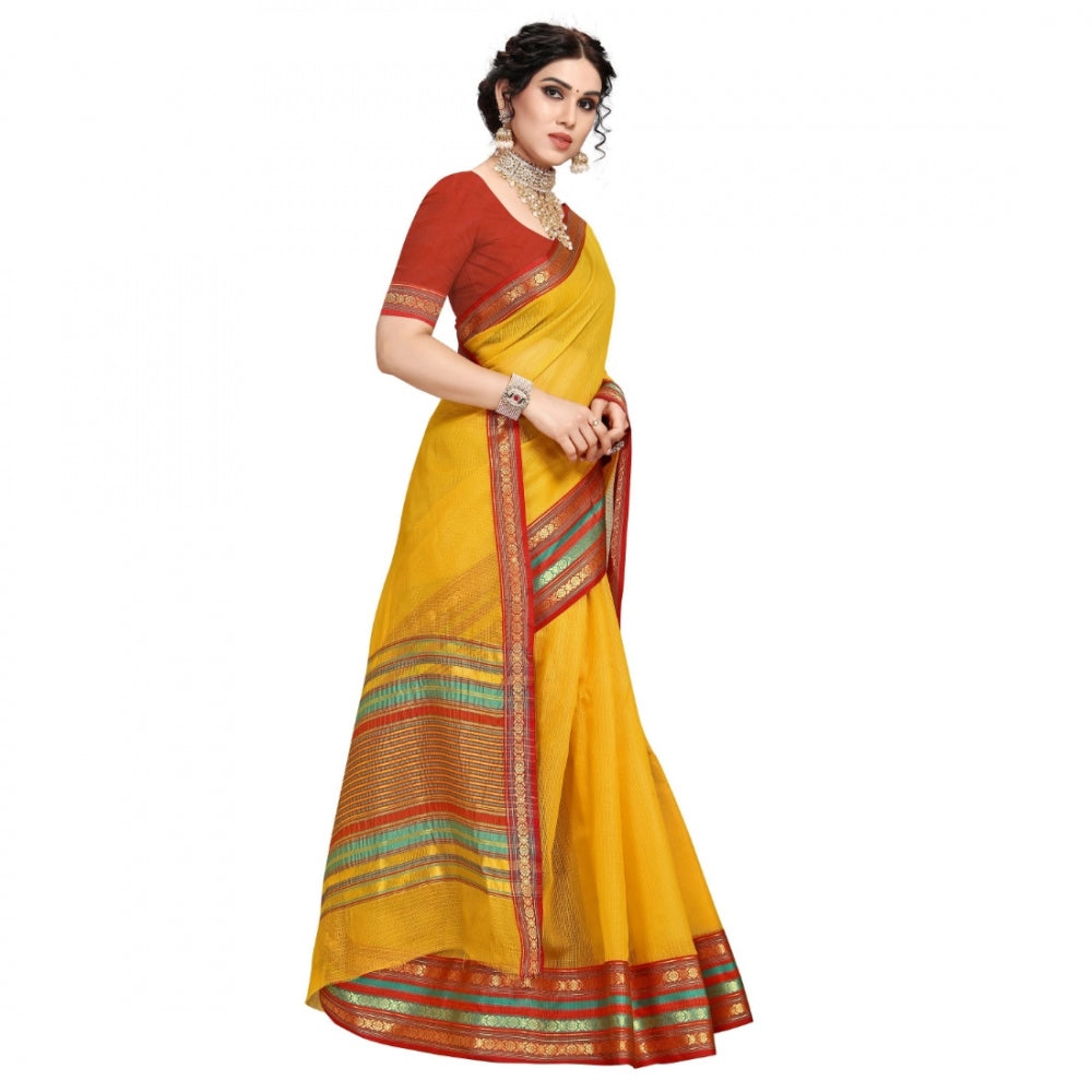 Pretty Kota Doria Cotton Bordered Saree With Blouse piece