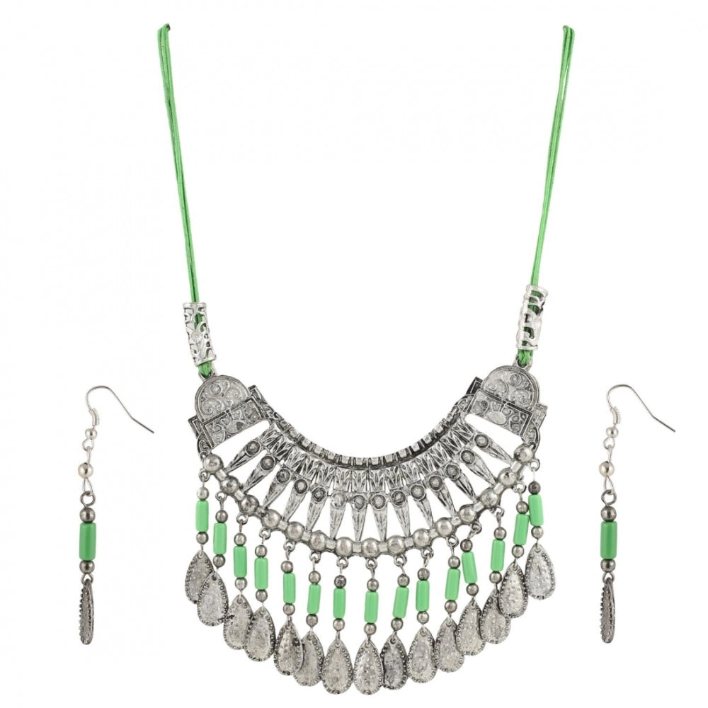 Glamorous Oxidized German Silver Green Beads Necklace