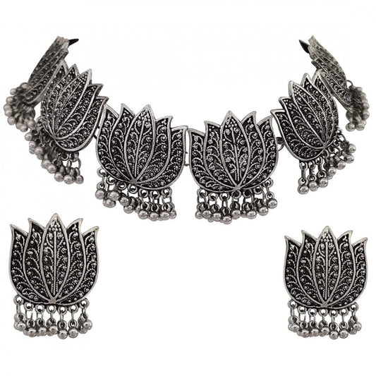 Precious Antique Silver Oxidised Tribal Afghani Necklace With Earrings Set For Women