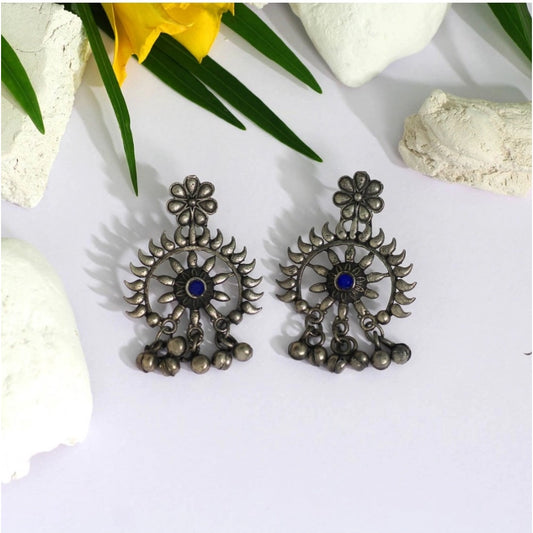 Incredible Blue Color Glass Stone Oxidised Earrings