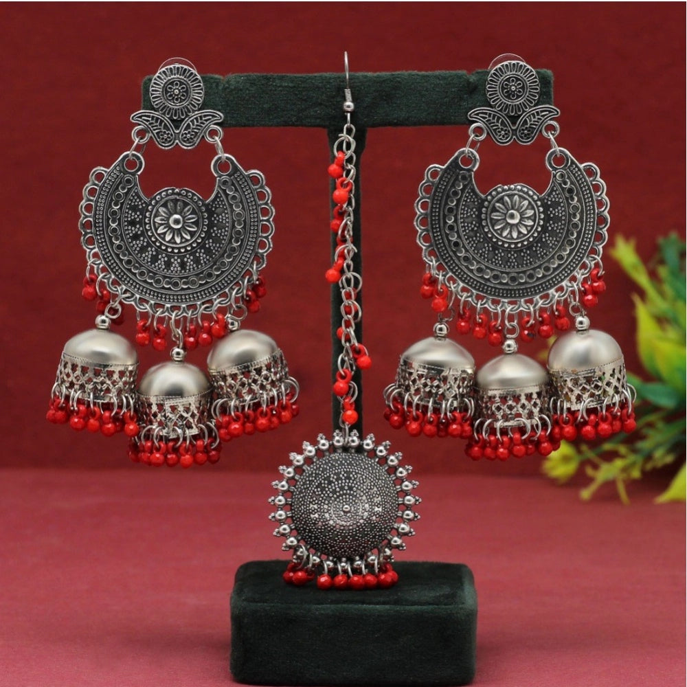 Superb Red Color Oxidised Earrings Tikka Set