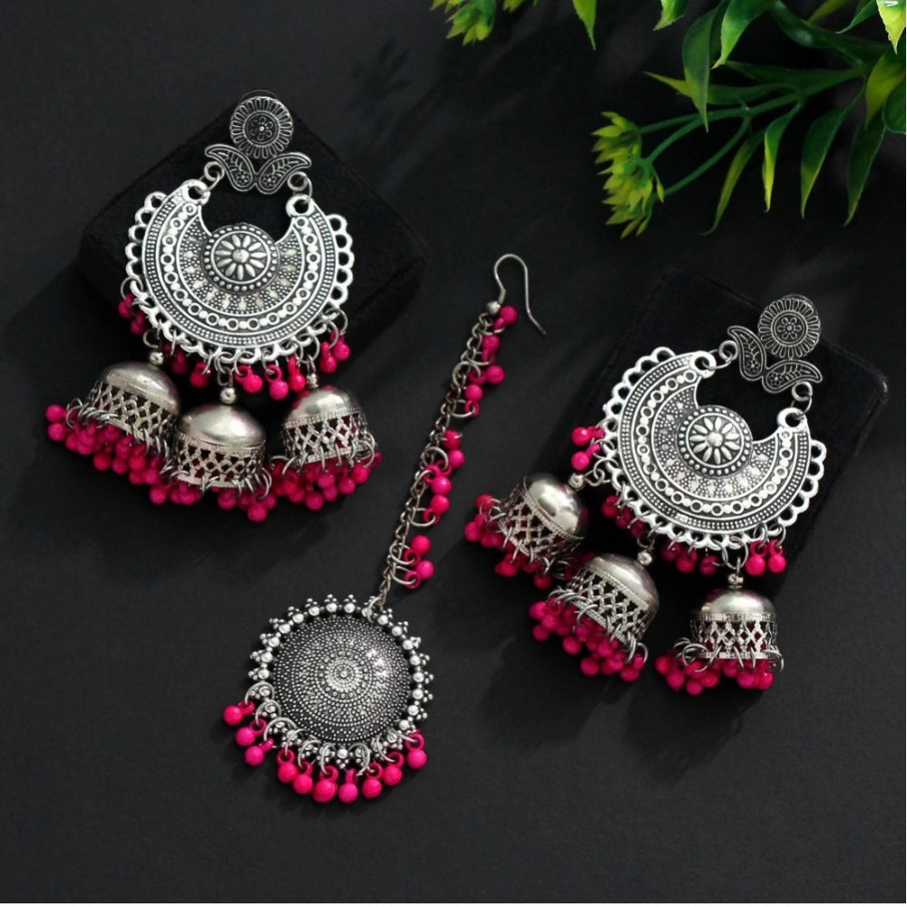 Superb Rani Color Oxidised Earrings Tikka Set