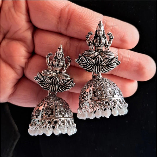 Incredible Silver Color Goddess Laxmi Temple Oxidised Earrings