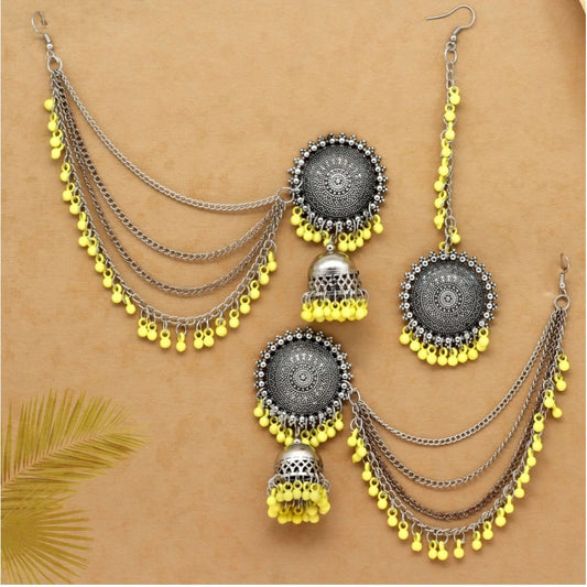 Superb Yellow Color Oxidised Earrings Tikka Set