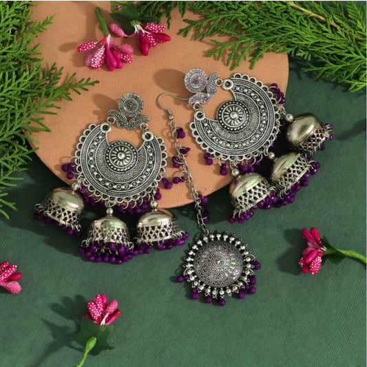 Superb Purple Color Oxidised Earrings Tikka Set