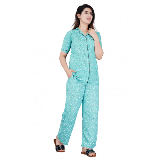 Casual Half Sleeve Printed Viscose Rayon Shirt With Pyjama Pant Night Suit Set