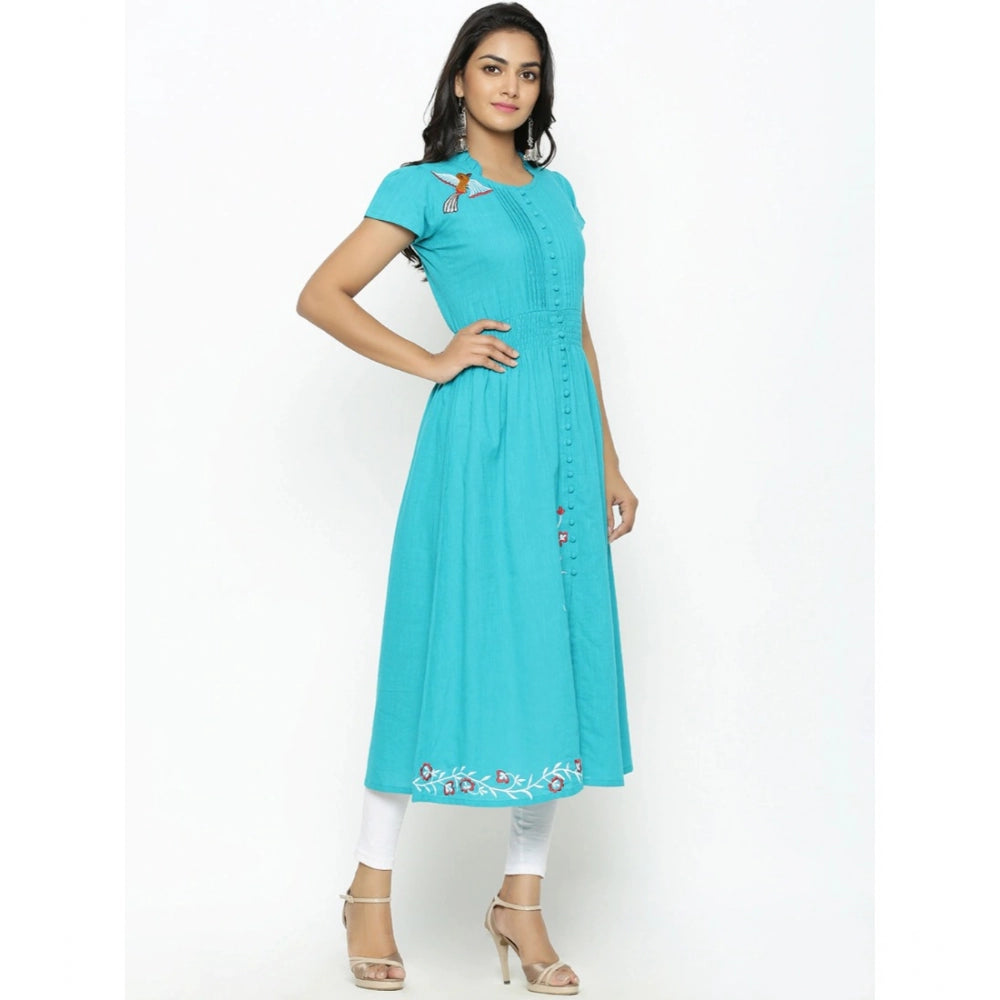 Ravishing Short Sleeve Embroidered Cotton Slub Kurti