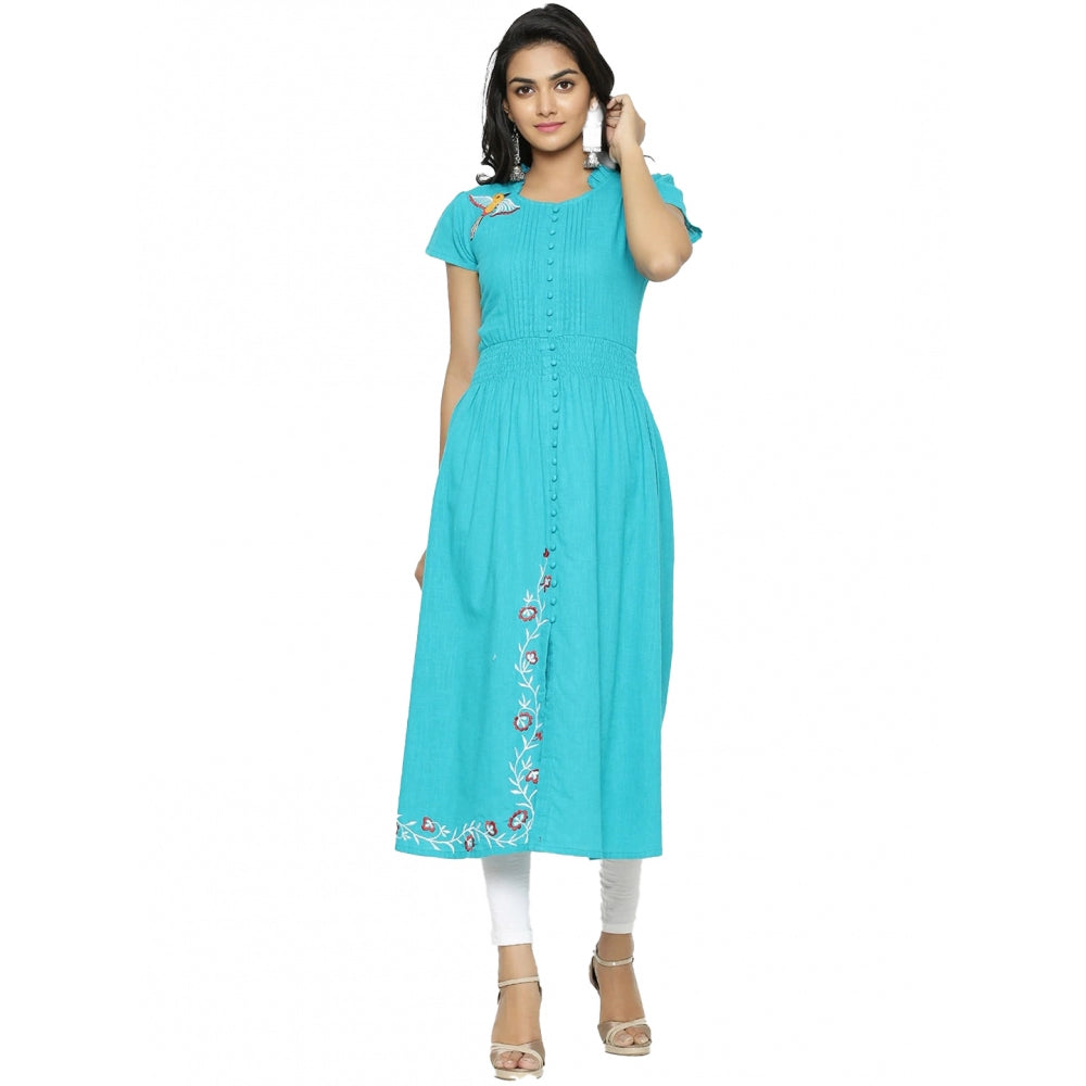 Ravishing Short Sleeve Embroidered Cotton Slub Kurti