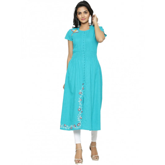 Ravishing Short Sleeve Embroidered Cotton Slub Kurti