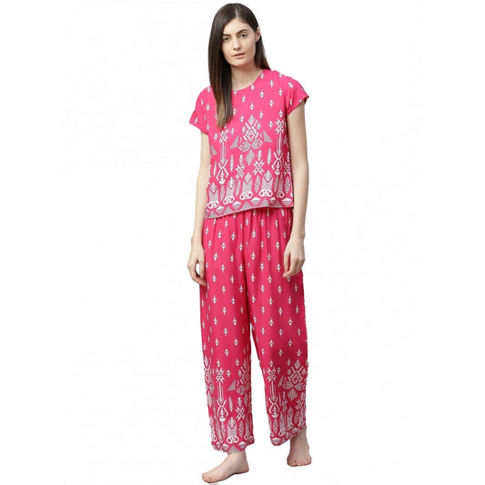 Casual Short Sleeve Printed Rayon Pajama Set