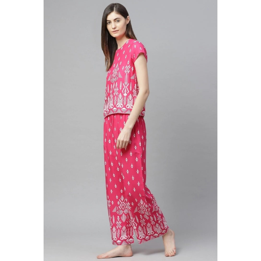Casual Short Sleeve Printed Rayon Top Pyjama Set