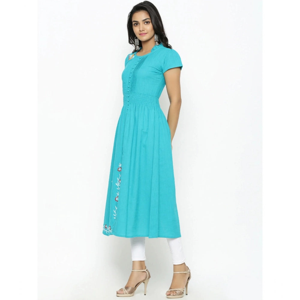 Ravishing Short Sleeve Embroidered Cotton Slub Kurti