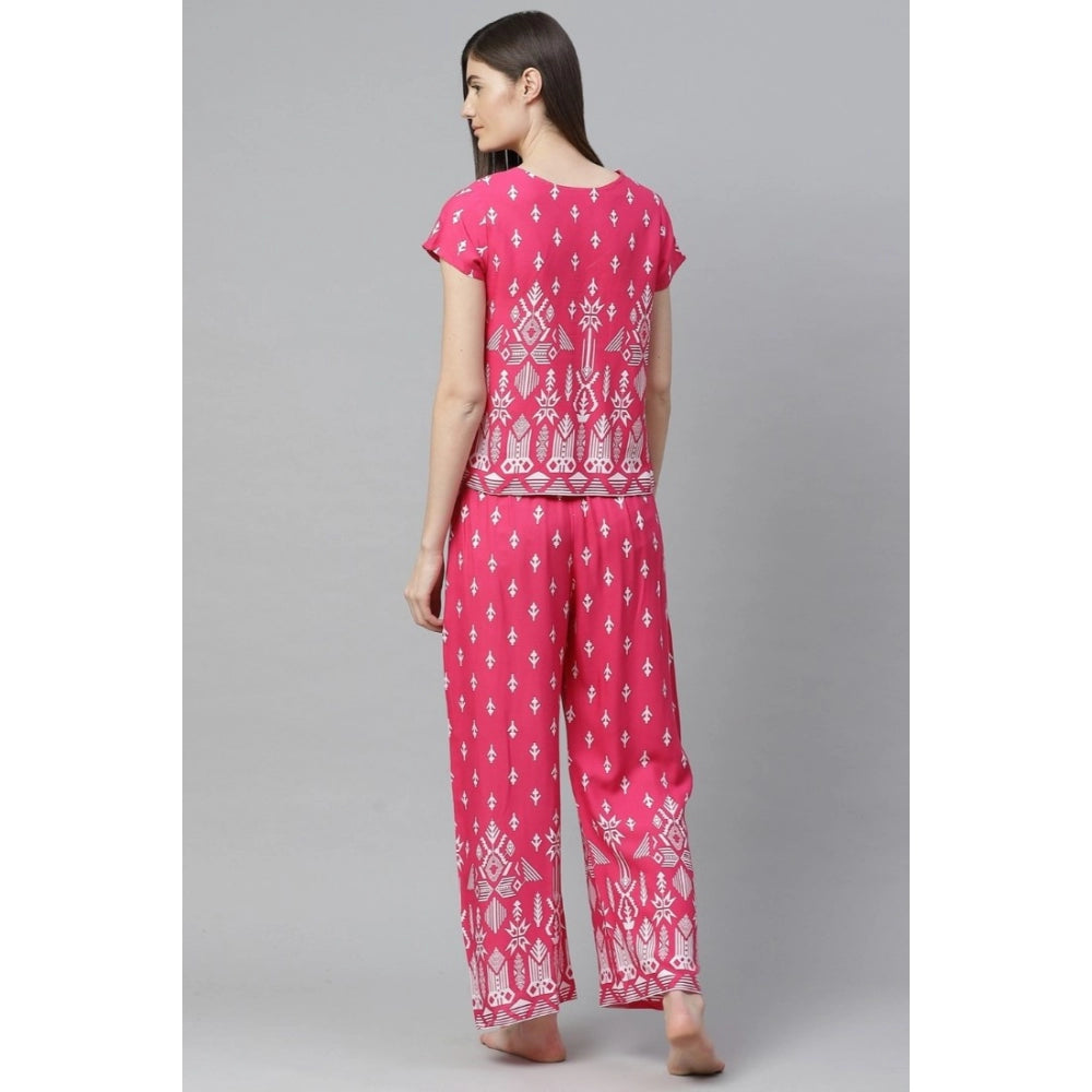 Casual Short Sleeve Printed Rayon Top Pyjama Set