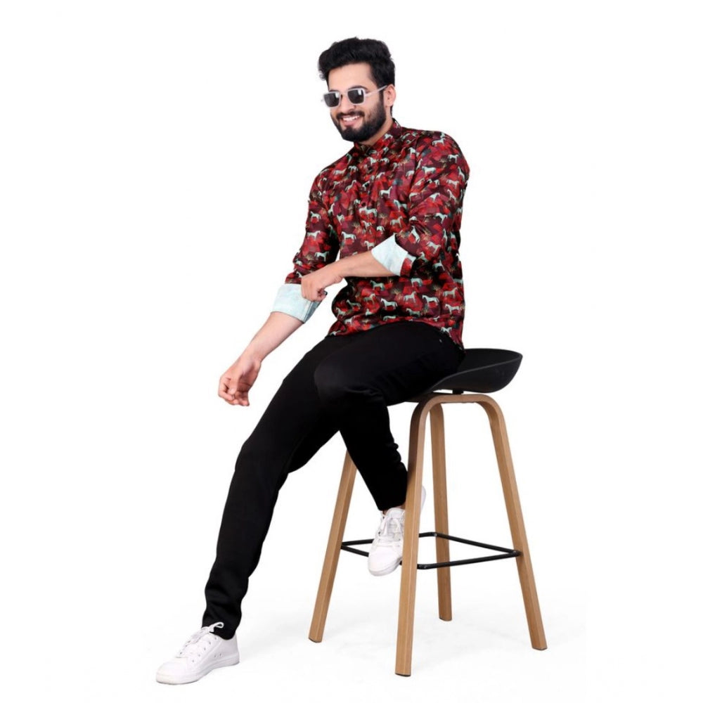 Men's Cotton Blended Printed Full Sleeve Short Kurta