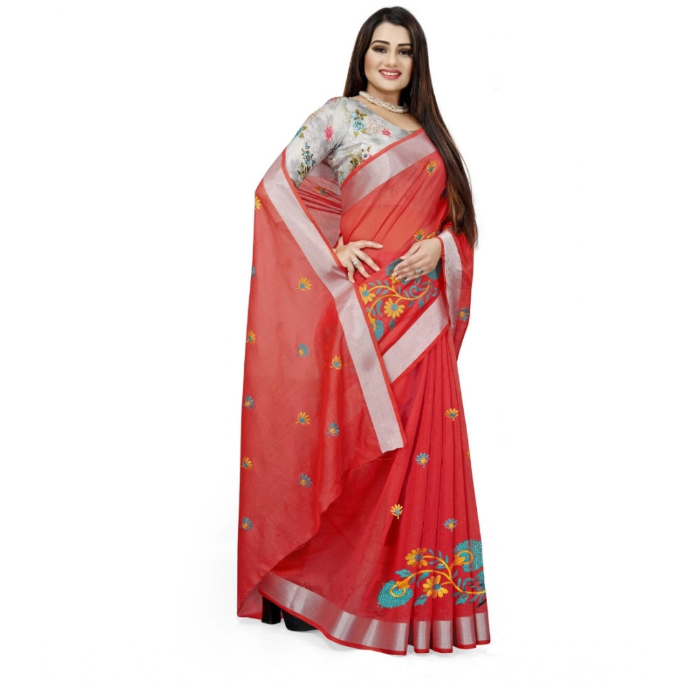 Facinating Cotton Silk Embroidered Saree With Blouse Piece
