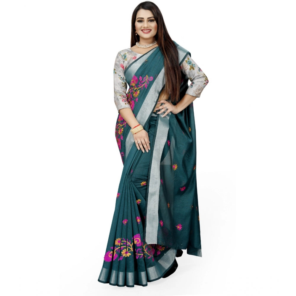 Facinating Cotton Silk Embroidered Saree With Blouse Piece