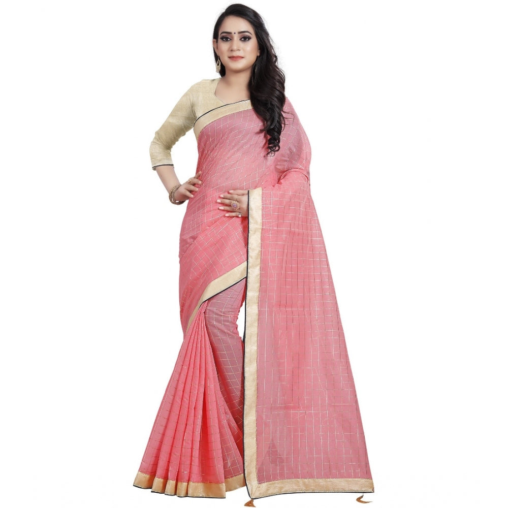 Charming Cotton Silk Checkered Saree With Blouse Piece