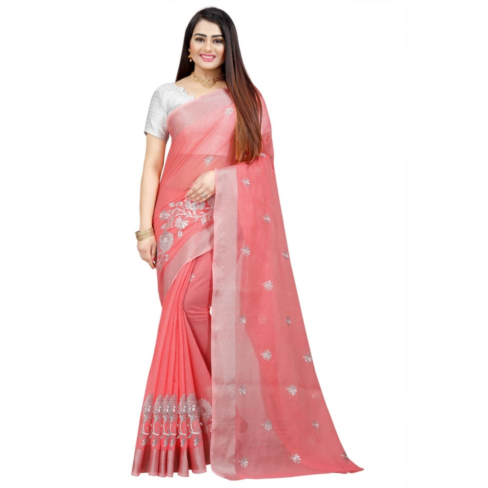 Facinating Cotton Silk Embroidered Saree With Blouse Piece
