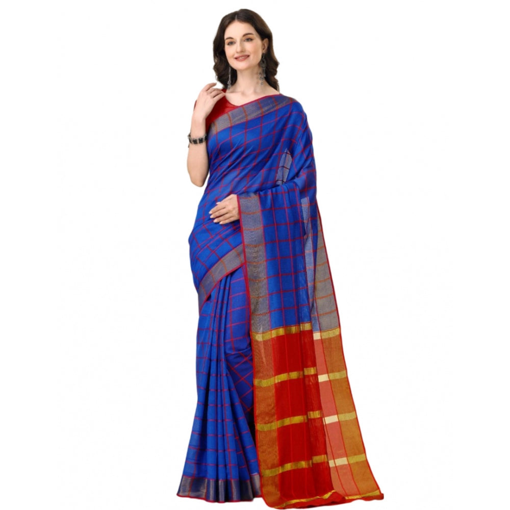 Charming Cotton Silk Checkered Saree With Blouse Piece