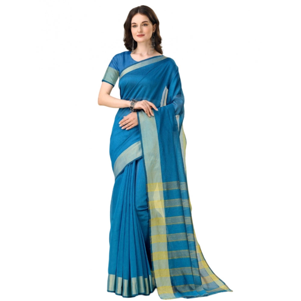 Delightful Cotton Silk Striped Saree With Blouse Piece