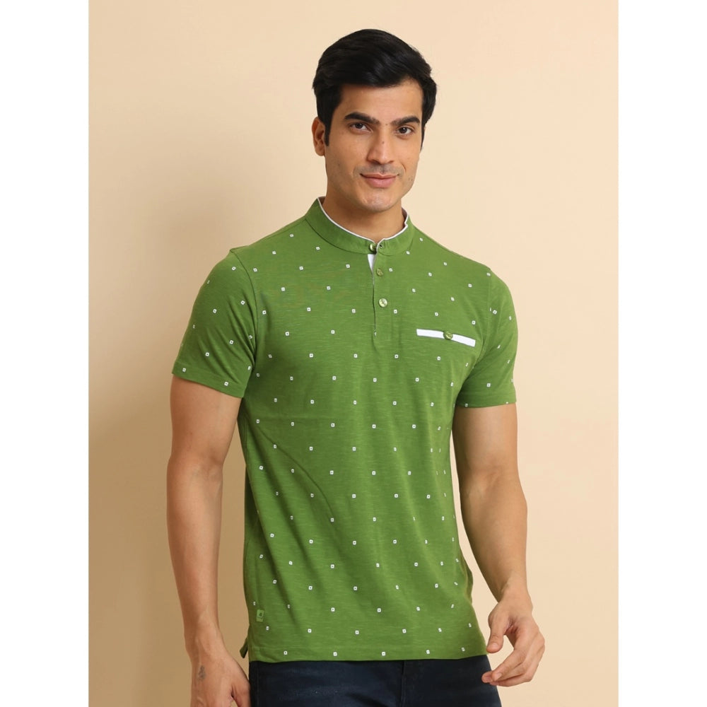 Dashing Men's Casual Cotton Printed Mandarin Collar Half Sleeve T Shirt