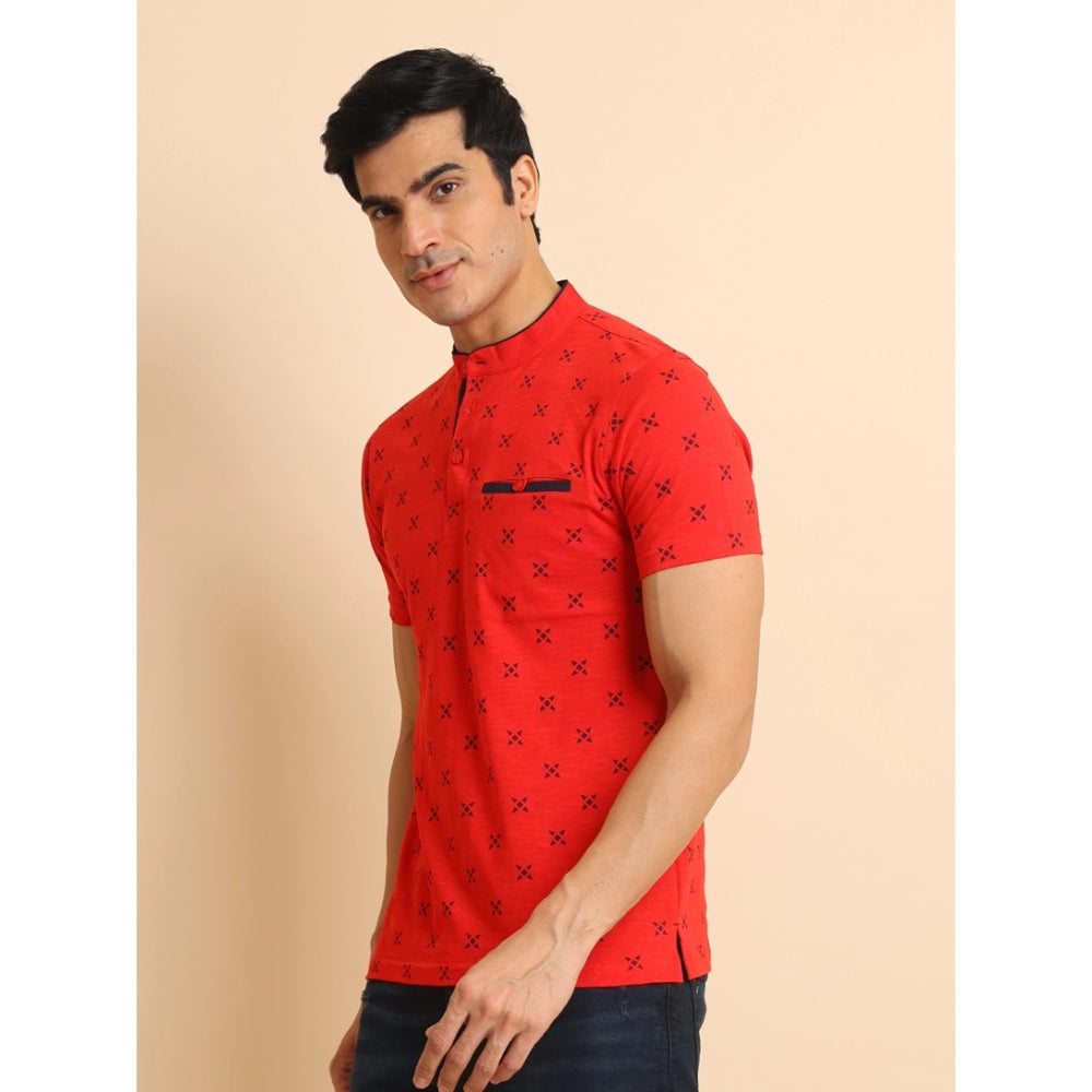 Dashing Men's Casual Cotton Printed Mandarin Collar Half Sleeve T Shirt