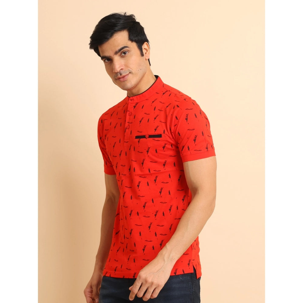 Men's Casual Cotton Printed Mandarin Collar Half Sleeve T Shirt