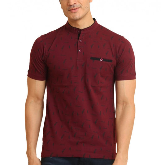 Men's Casual Cotton Printed Mandarin Collar Half Sleeve T Shirt