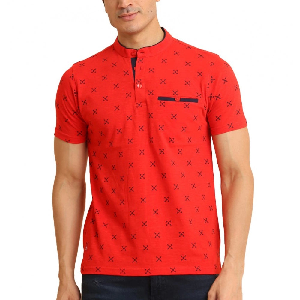 Dashing Men's Casual Cotton Printed Mandarin Collar Half Sleeve T Shirt